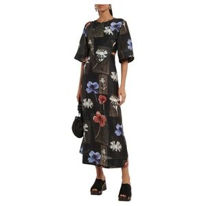 GANNI Floral Linen & Silk Cut-Out Midi Dress in black w red/blue/white, XS, NWT